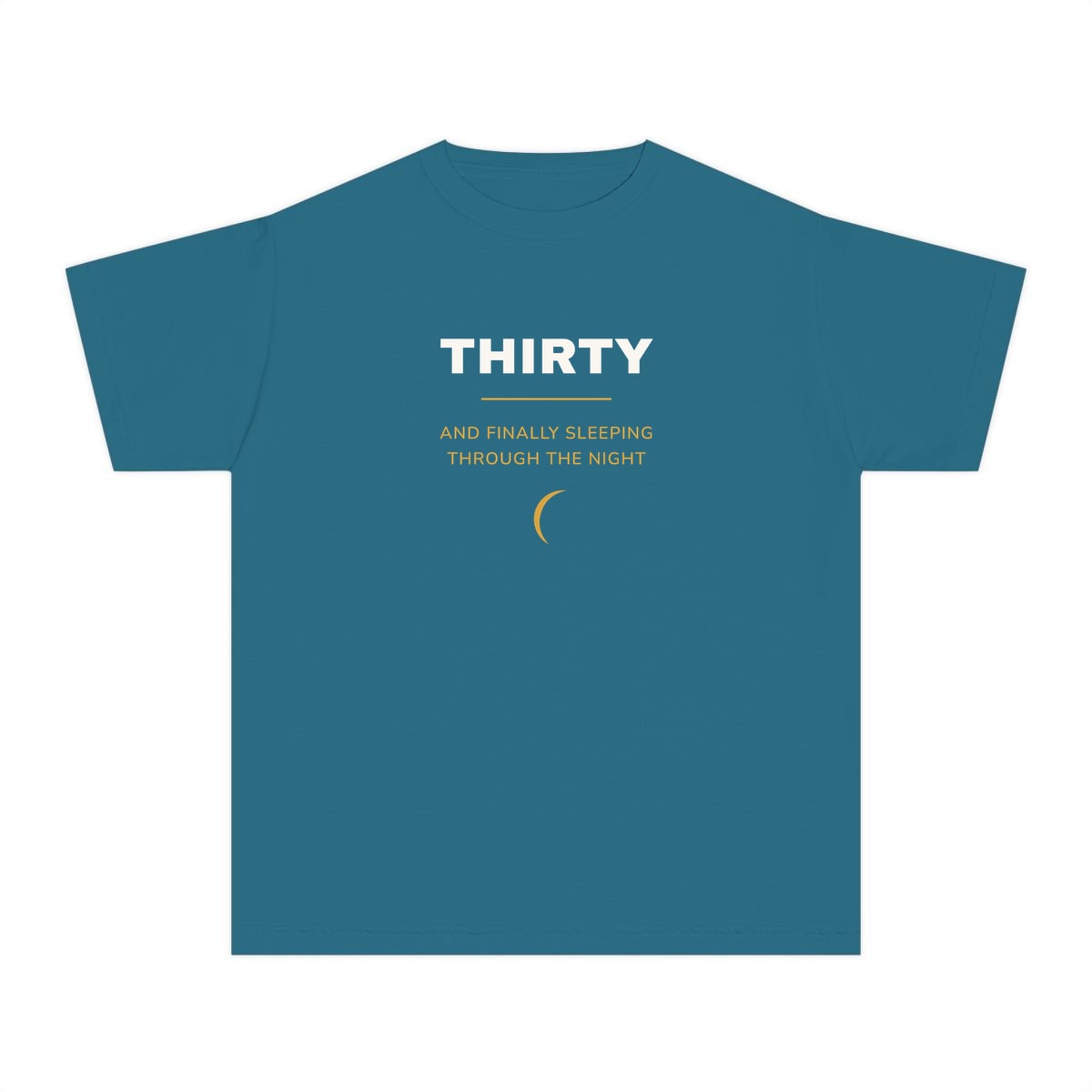 Thirty, Sleeping Through, printed on a youth tee in Topaz Blue