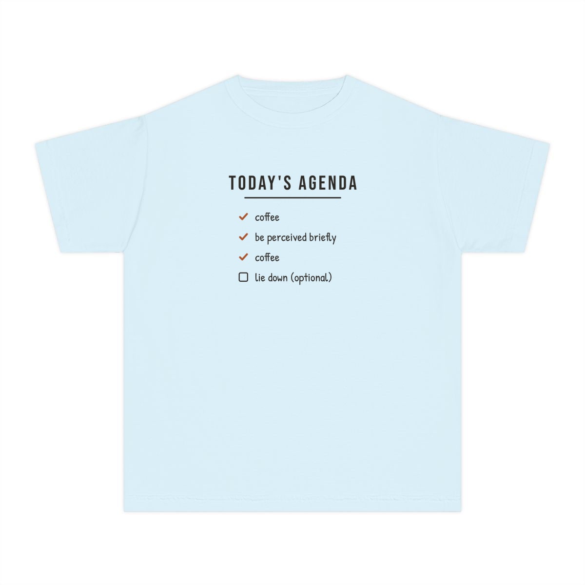 Today's Agenda, printed on a youth tee in Chambray