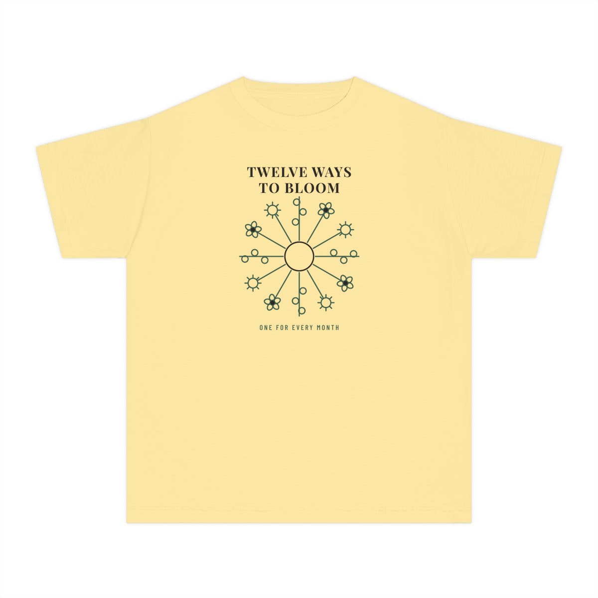 Twelve Ways To Bloom, printed on a youth tee in Butter