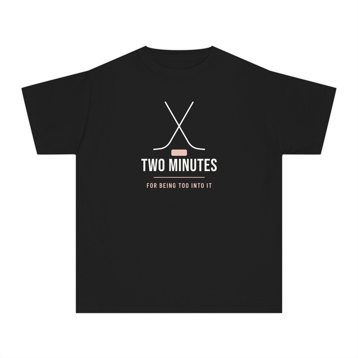 Two Minutes For Being Too Into It, printed on a youth tee in Black