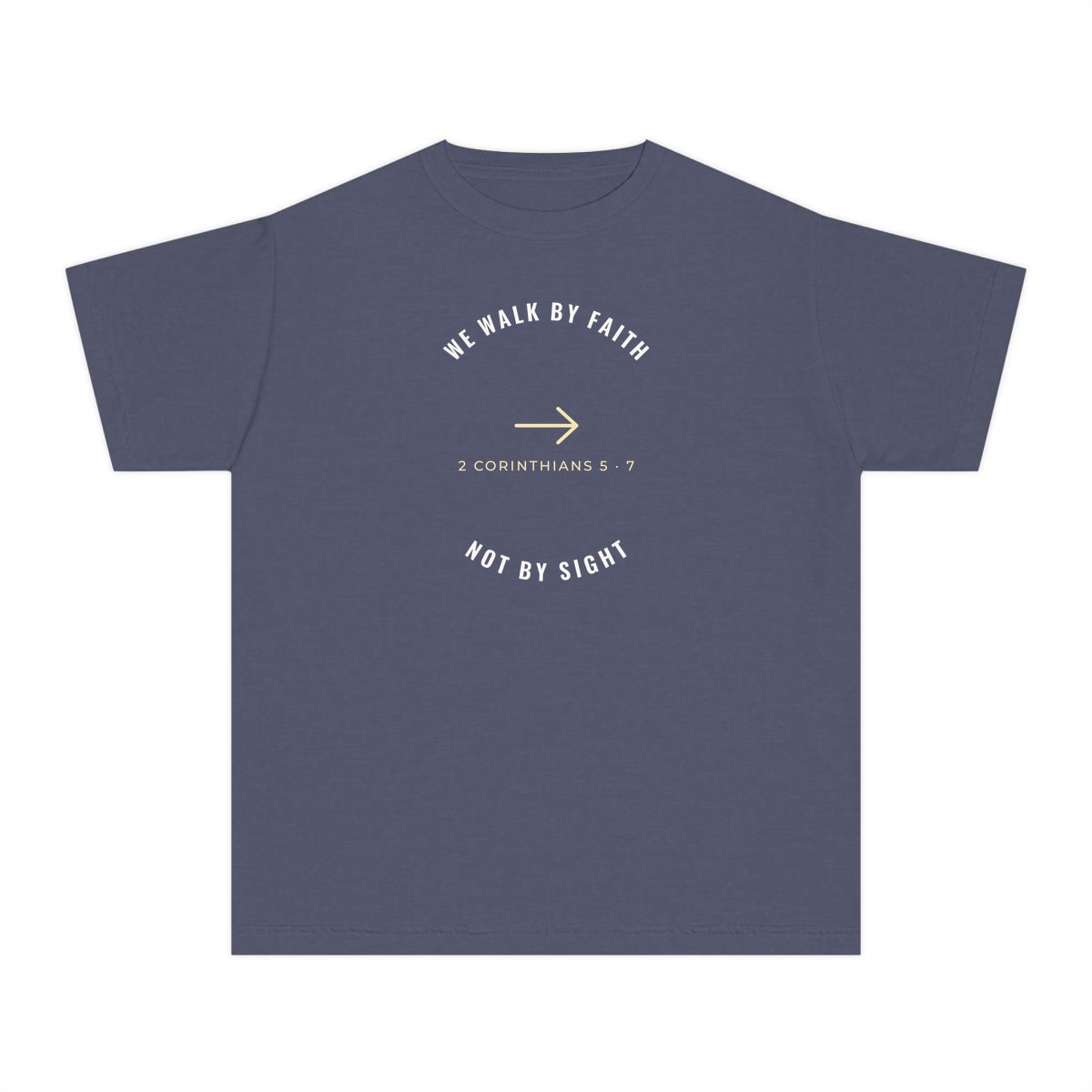 We Walk By Faith, printed on a youth tee in Denim