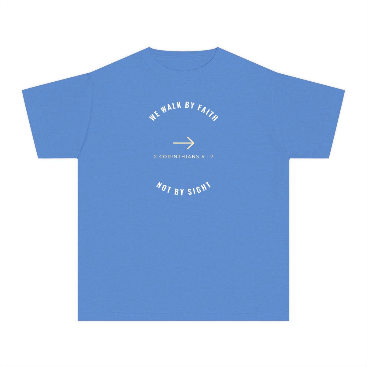 We Walk By Faith, printed on a youth tee in Royal Caribe